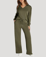 Knit Lounge Co-Ord Set with V Neck Top and Wide Leg Trousers
