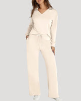 Knit Lounge Co-Ord Set with V Neck Top and Wide Leg Trousers
