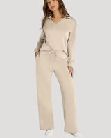 Knit Lounge Co-Ord Set with V Neck Top and Wide Leg Trousers