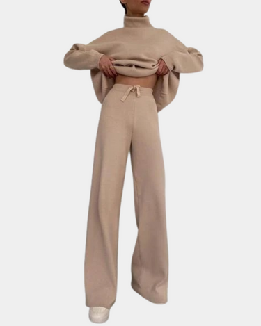 Knit Loungewear Set with Turtleneck and Wide-Leg Trousers