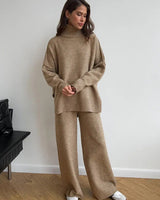 Knitted Lounge Set with Turtleneck Sweater and Wide Leg Pants