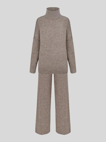 Knitted Lounge Set with Turtleneck Sweater and Wide Leg Pants