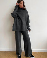 Knitted Lounge Set with Turtleneck Sweater and Wide Leg Pants