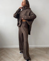 Knitted Lounge Set with Turtleneck Sweater and Wide Leg Pants