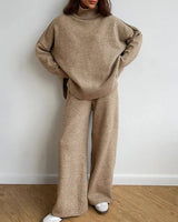 Knitted Lounge Set with Turtleneck Sweater and Wide Leg Pants