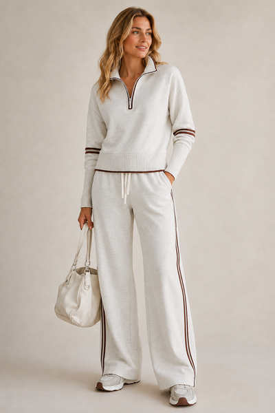 Front view of knitted two-piece set with quarter-zip jumper and wide-leg trousers