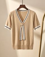 Back view of the short-sleeve knitted top