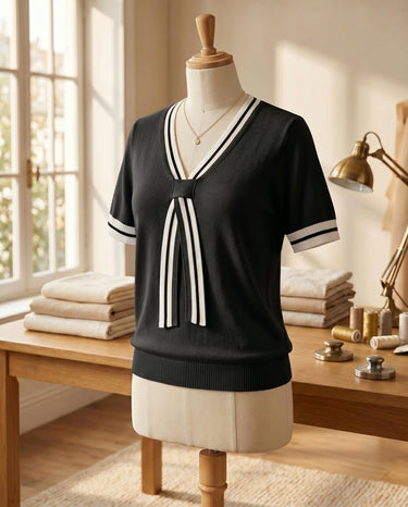 Close-up of the V-neckline and tie detail on the knit top