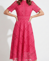 Lace High Neck Midi Dress with Short Sleeves