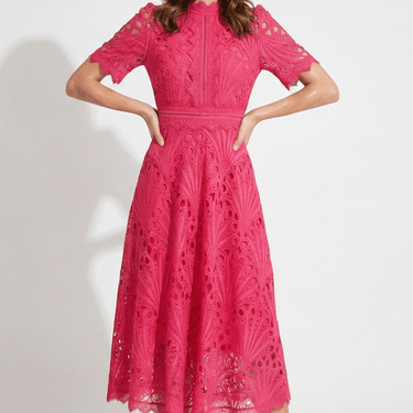 Lace High Neck Midi Dress with Short Sleeves