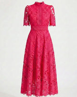 Lace High Neck Midi Dress with Short Sleeves