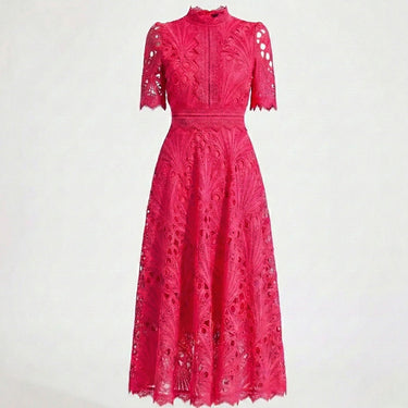 Lace High Neck Midi Dress with Short Sleeves