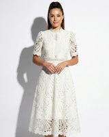 Lace High Neck Midi Dress with Short Sleeves