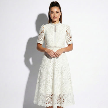 Lace High Neck Midi Dress with Short Sleeves