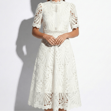 Lace High Neck Midi Dress with Short Sleeves