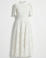 Lace High Neck Midi Dress with Short Sleeves