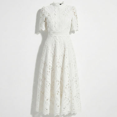 Lace High Neck Midi Dress with Short Sleeves