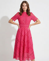 Lace High Neck Midi Dress with Short Sleeves