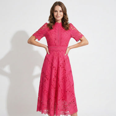 Lace High Neck Midi Dress with Short Sleeves