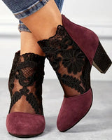 Lace Panel Block Heel Pumps with Floral Detail