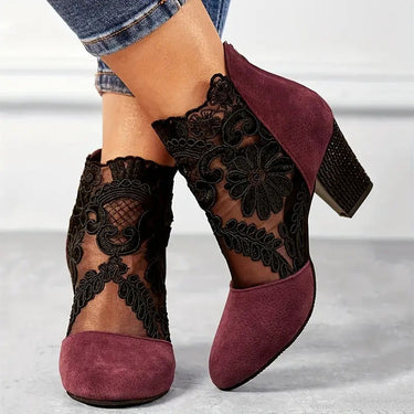 Lace Panel Block Heel Pumps with Floral Detail