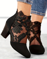 Lace Panel Block Heel Pumps with Floral Detail