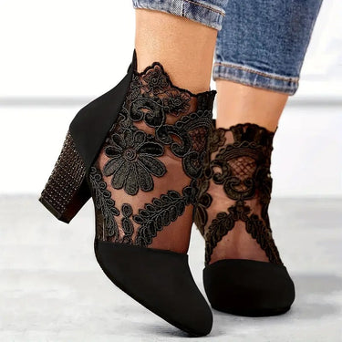 Lace Panel Block Heel Pumps with Floral Detail