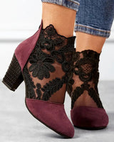 Lace Panel Block Heel Pumps with Floral Detail