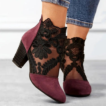 Lace Panel Block Heel Pumps with Floral Detail