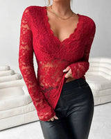 Lace Top with V-Neck and Long Sleeves