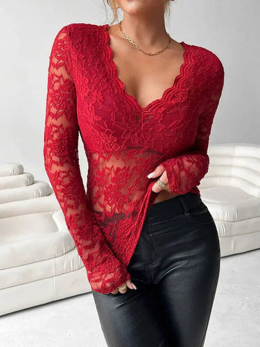 Lace Top with V-Neck and Long Sleeves