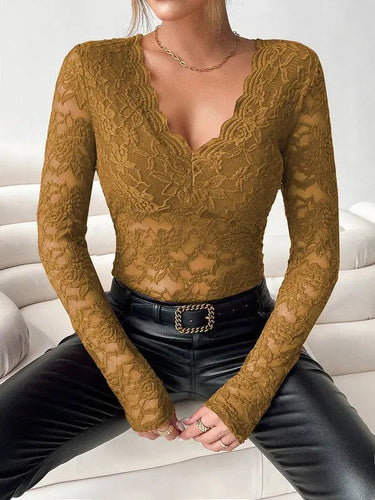Lace Top with V-Neck and Long Sleeves