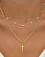 Layered Necklace Set with Heart or Cross Pendant