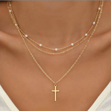 Layered Necklace Set with Heart or Cross Pendant