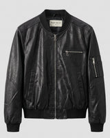 Overhead flat lay of structured leather-look jacket