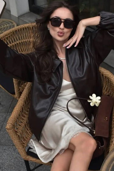 Leather Bomber Jacket with Zip Front