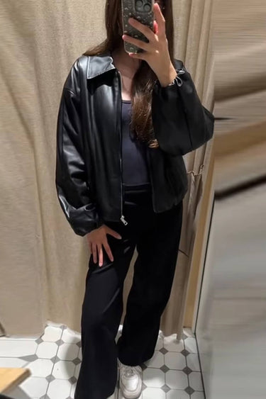 Leather Bomber Jacket with Zip Front