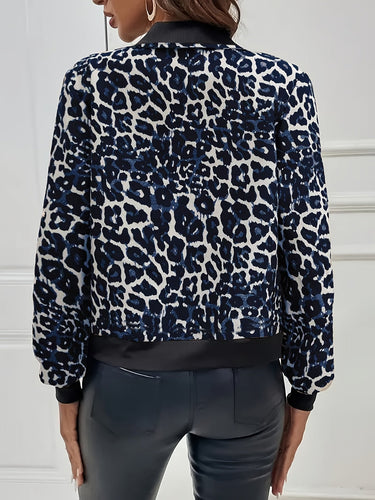 Leopard Print Bomber Jacket with Zip-Front Closure