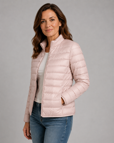 Lightweight Puffer Jacket Womens with Stand Collar and Zip Front