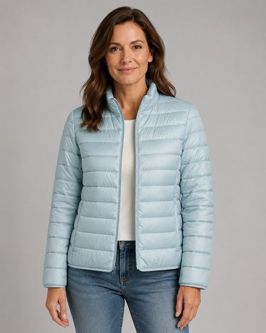 Lightweight Puffer Jacket Womens with Stand Collar and Zip Front