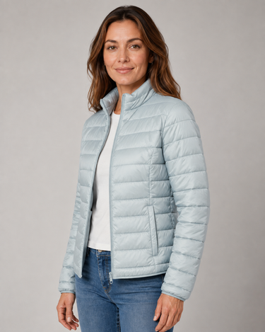 Lightweight Puffer Jacket Womens with Stand Collar and Zip Front