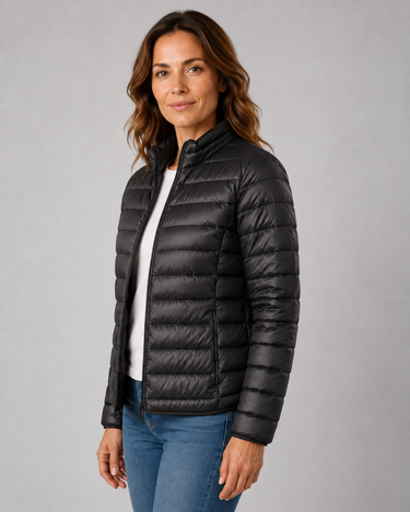 Close-up of the side pocket on the puffer jacket