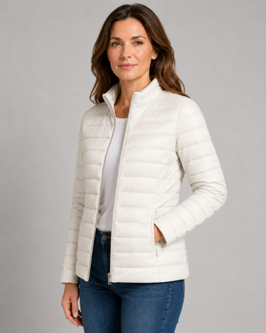 Three-quarter view of the puffer jacket showing overall silhouette
