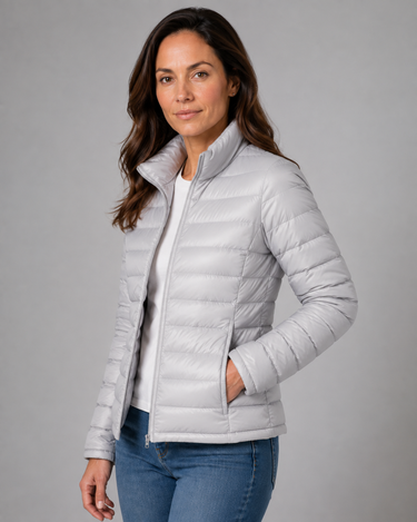 Lightweight Puffer Jacket Womens with Stand Collar and Zip Front