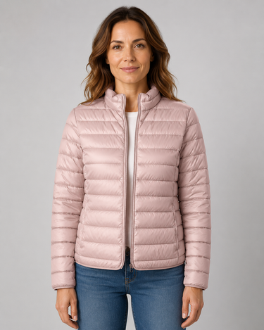Lightweight Puffer Jacket Womens with Stand Collar and Zip Front