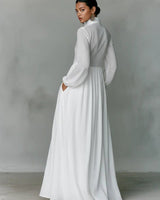 Linen Blend Maxi Shirt Dress with Stand Collar and Pockets