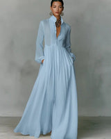 Linen Blend Maxi Shirt Dress with Stand Collar and Pockets