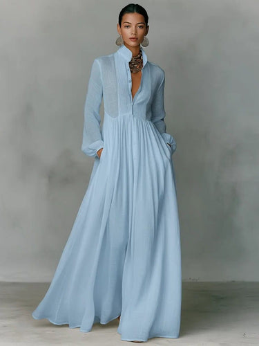 Linen Blend Maxi Shirt Dress with Stand Collar and Pockets