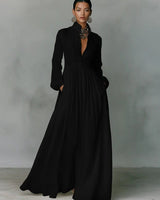 Linen Blend Maxi Shirt Dress with Stand Collar and Pockets