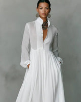 Linen Blend Maxi Shirt Dress with Stand Collar and Pockets